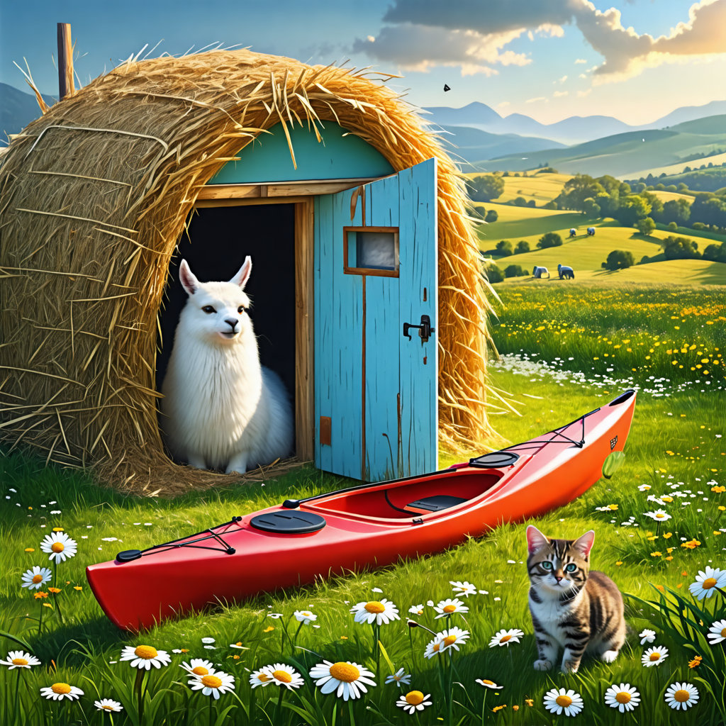 kayak, cushion, hay, llama, cat, ghost, daisy, door, lawn mower, kitten